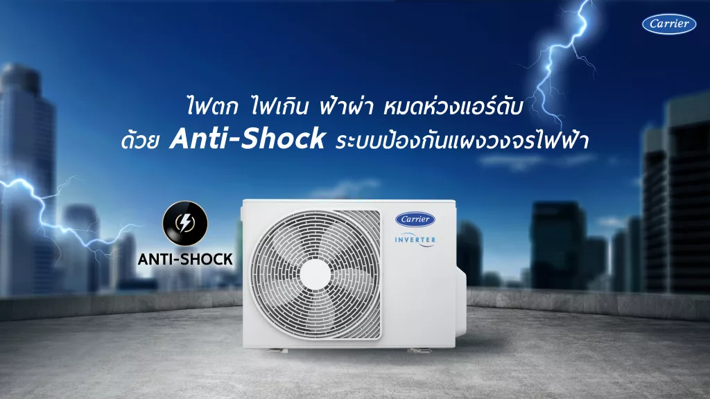 ANTI-SHOCK จากแคเรียร์ป้องกันแผงวงจรไฟฟ้าของแอร์บ้าน จากไฟตก ไฟเกิน ฟ้าผ่า ได้ดีที่สุด